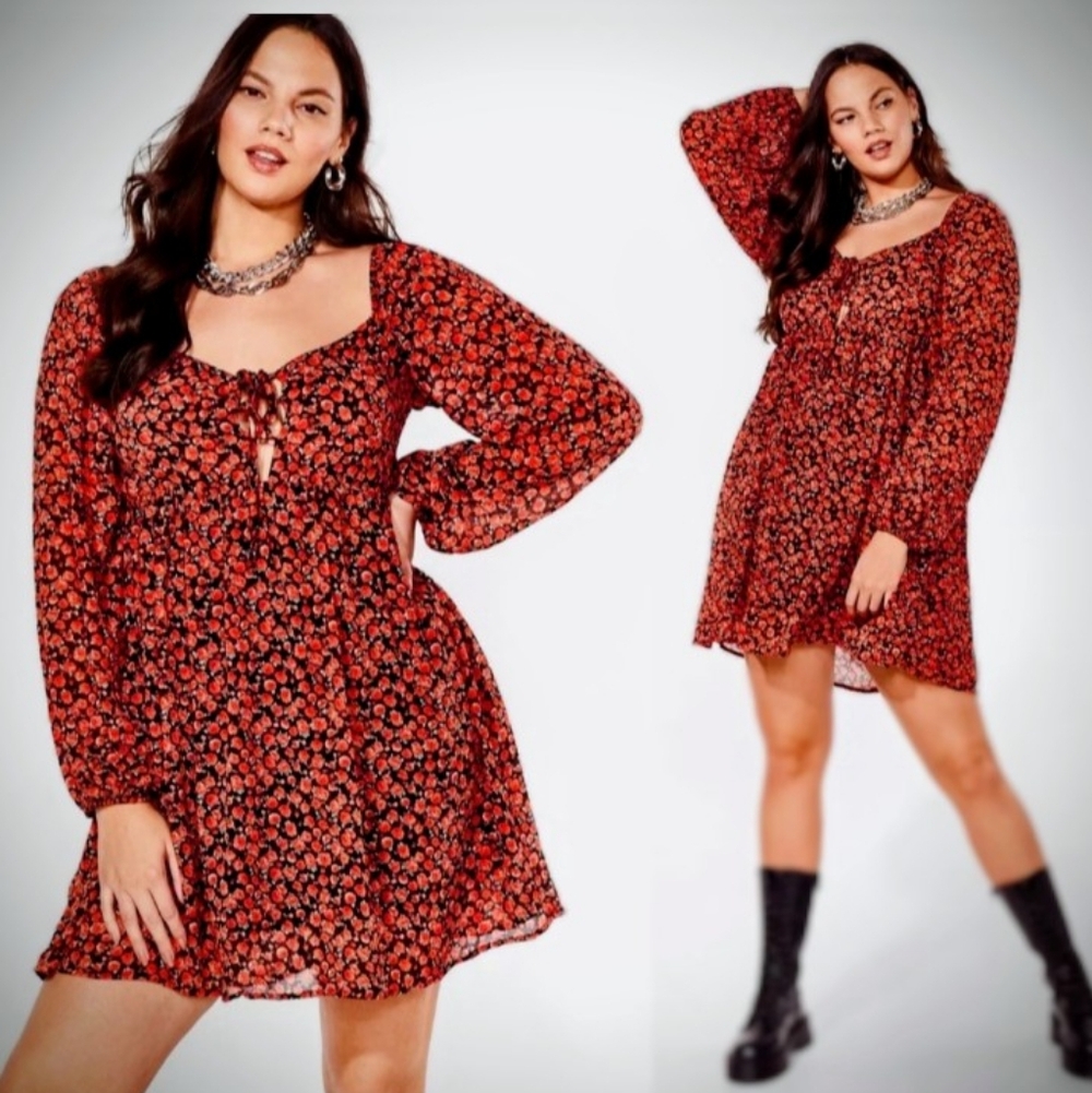 Nasty Gal Steal the Show Floral Dress Long Puff Sleeves Size 12 Red